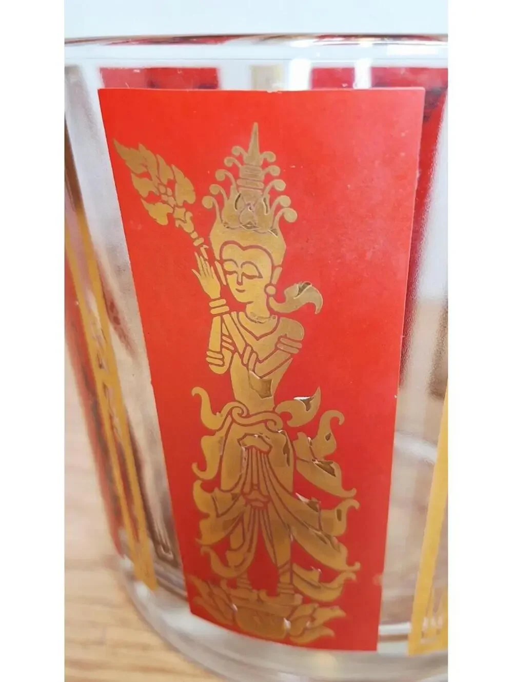 Culver VTG Siam Thai Dancers Red & 22K Gold Glass Ice Bucket MCM